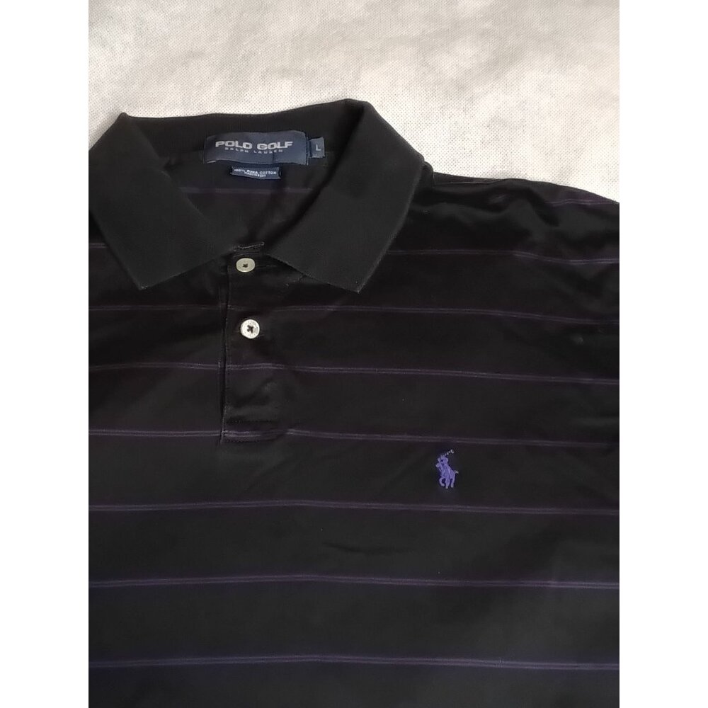 POLO RALPH LAUREN GOLF Size L Mens Black/Purple Stripe Sport Shirt Pima Cotton